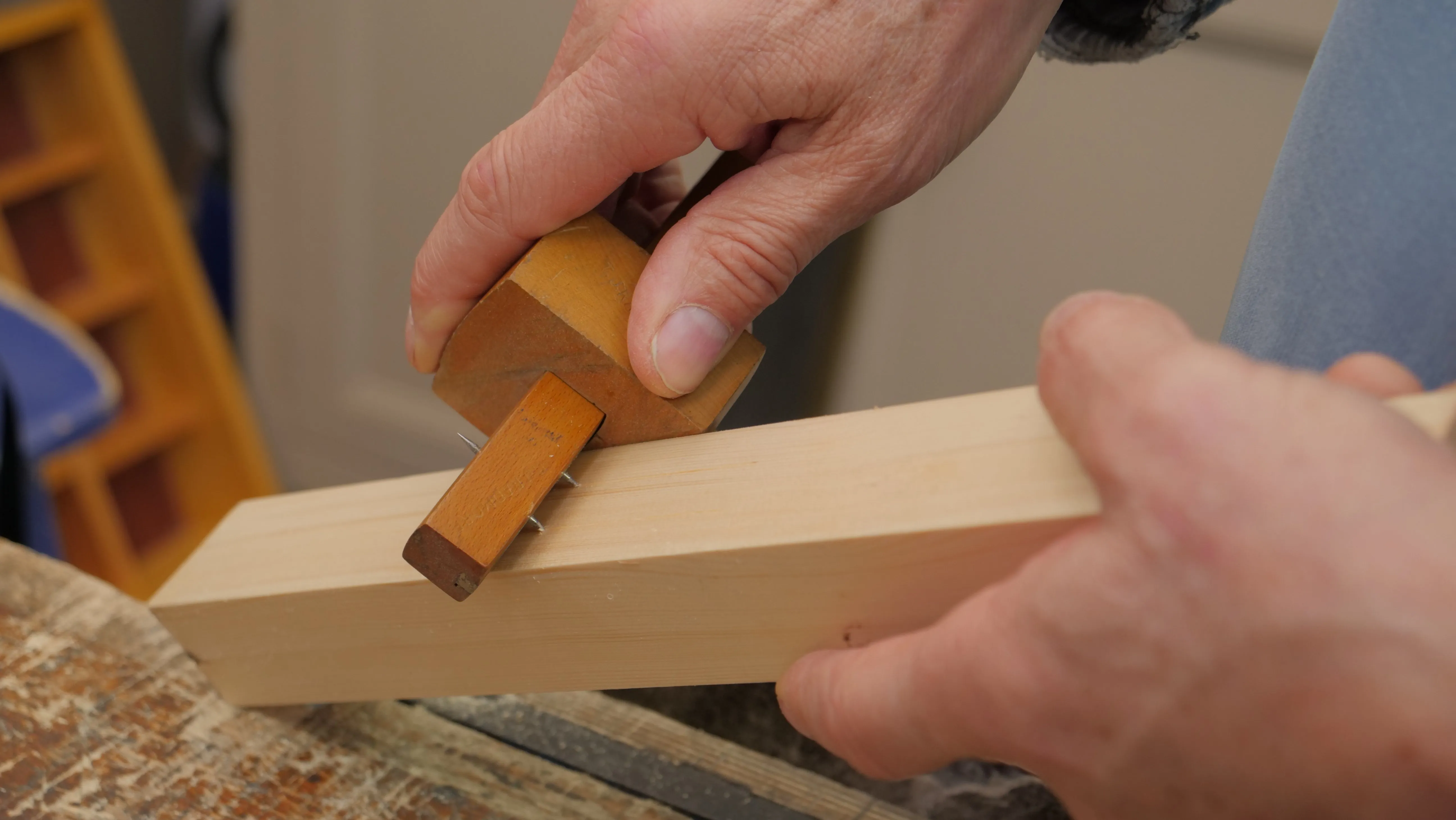 The pins don't need to dig far into the wood surface as they only need to create a visible mark. This can then be emphasised with a pencil line to increase visibility