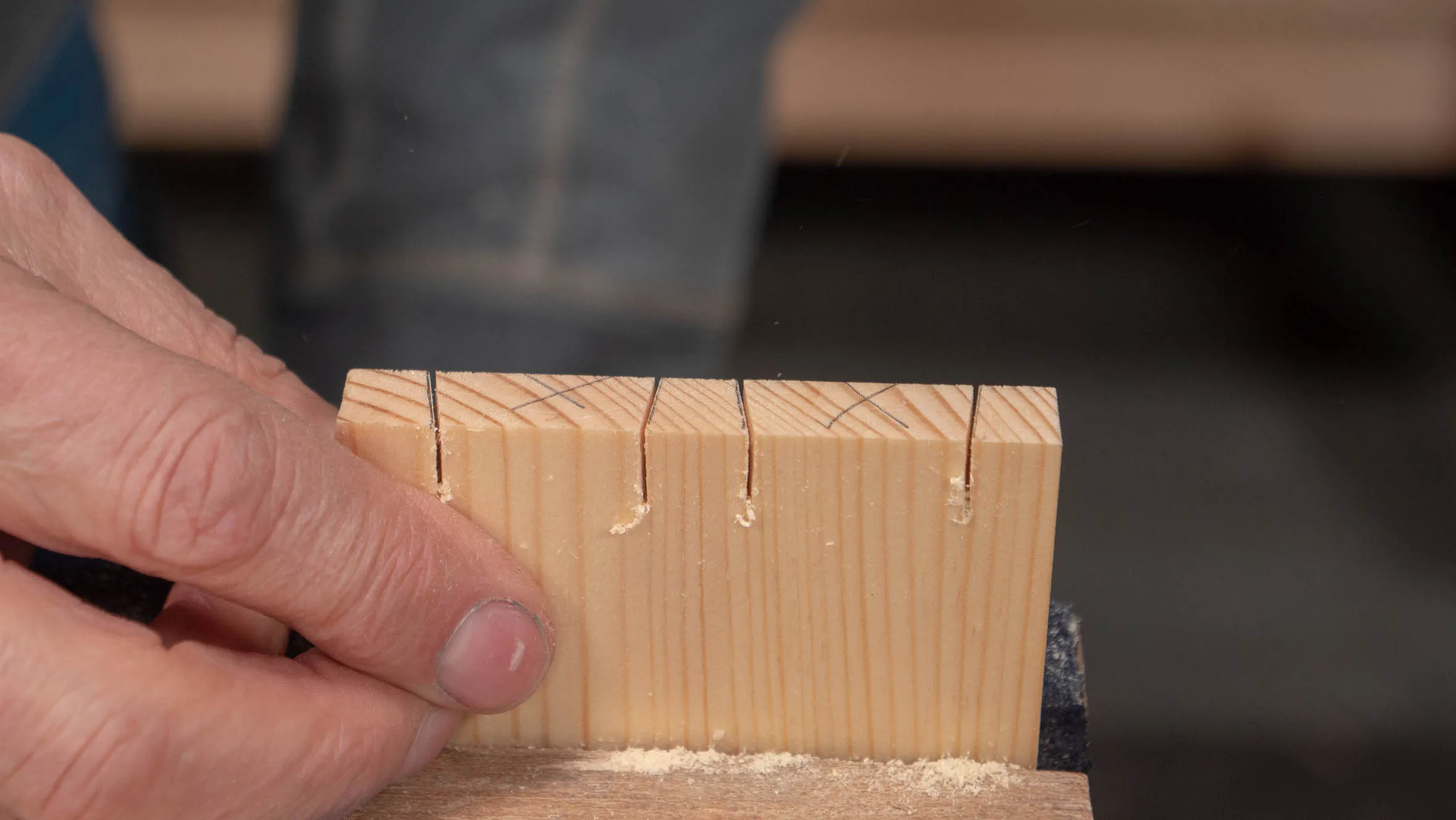 Note that the pencil lines are still visible, and the cuts were made on the waste side