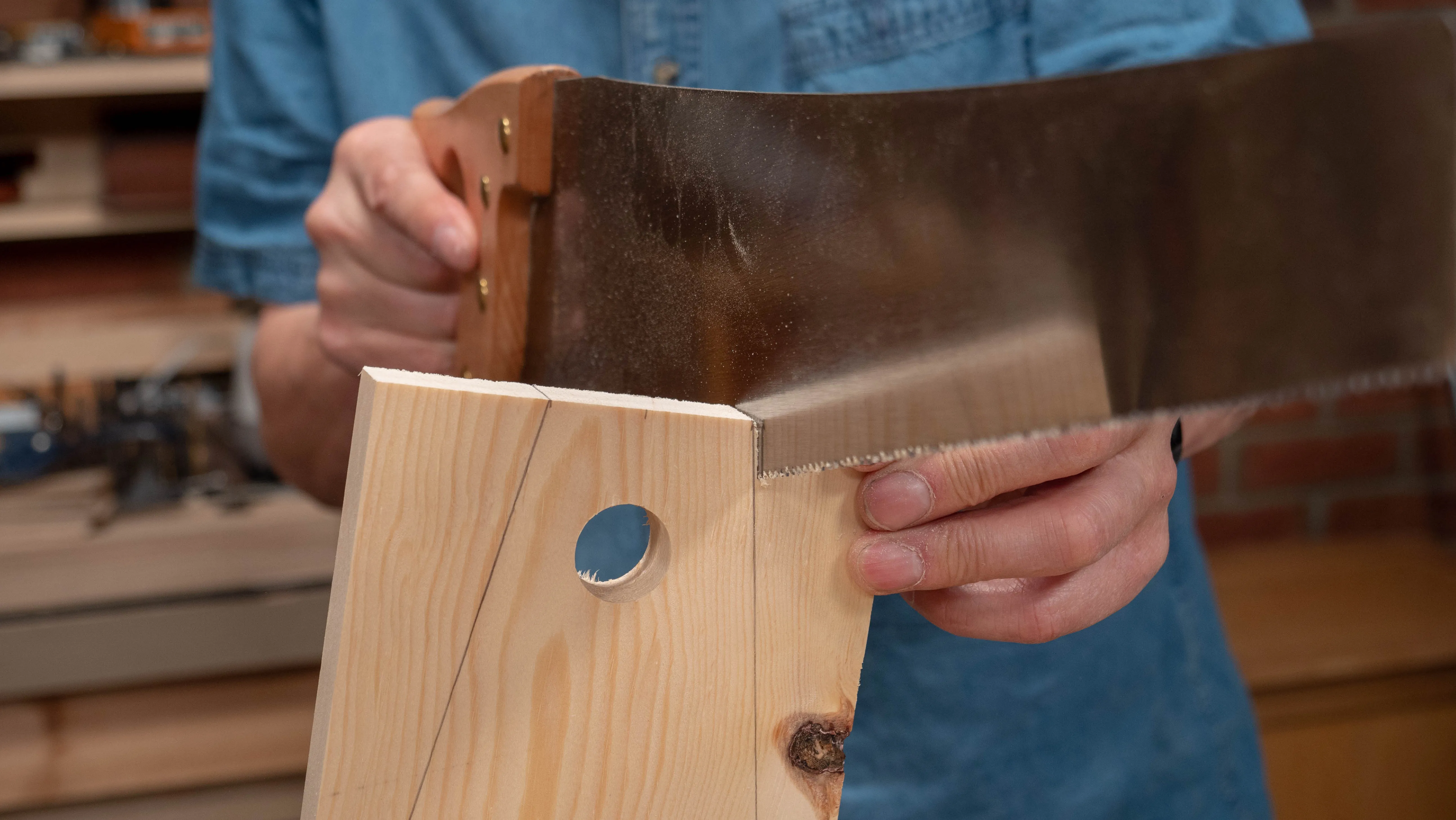 Saw down each cut line with a medium size toothed rip-cut saw