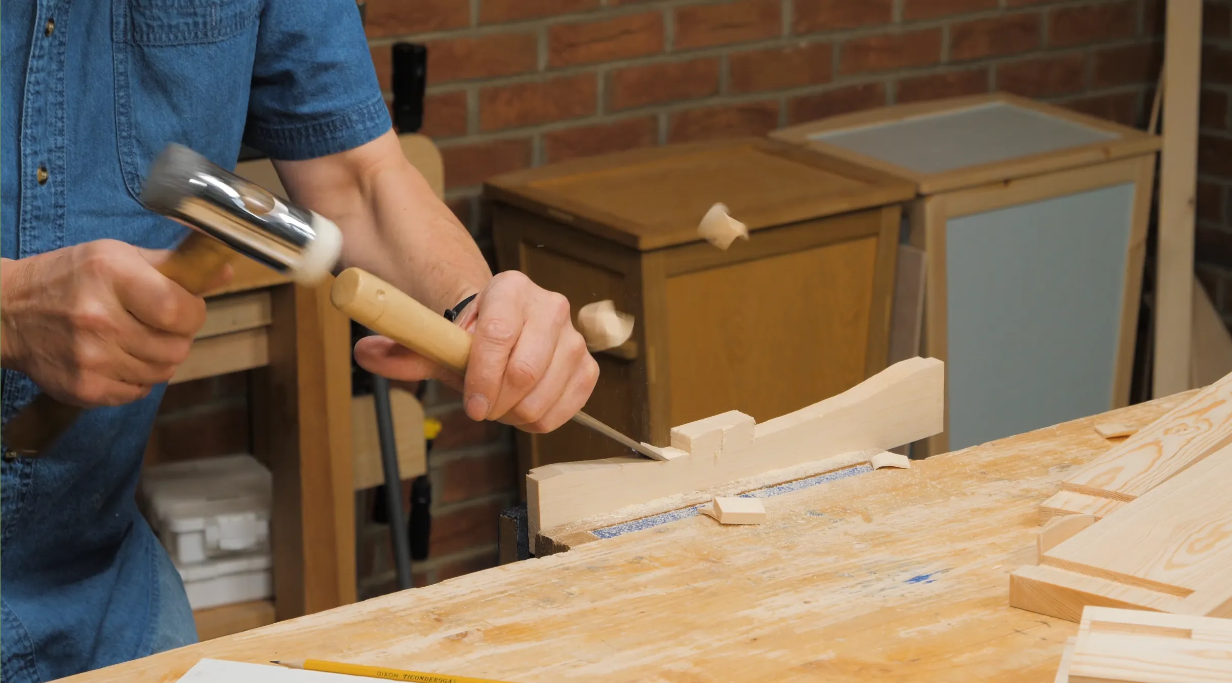Adjust the angle of presentation of the chisel so as to stay above the line at all times