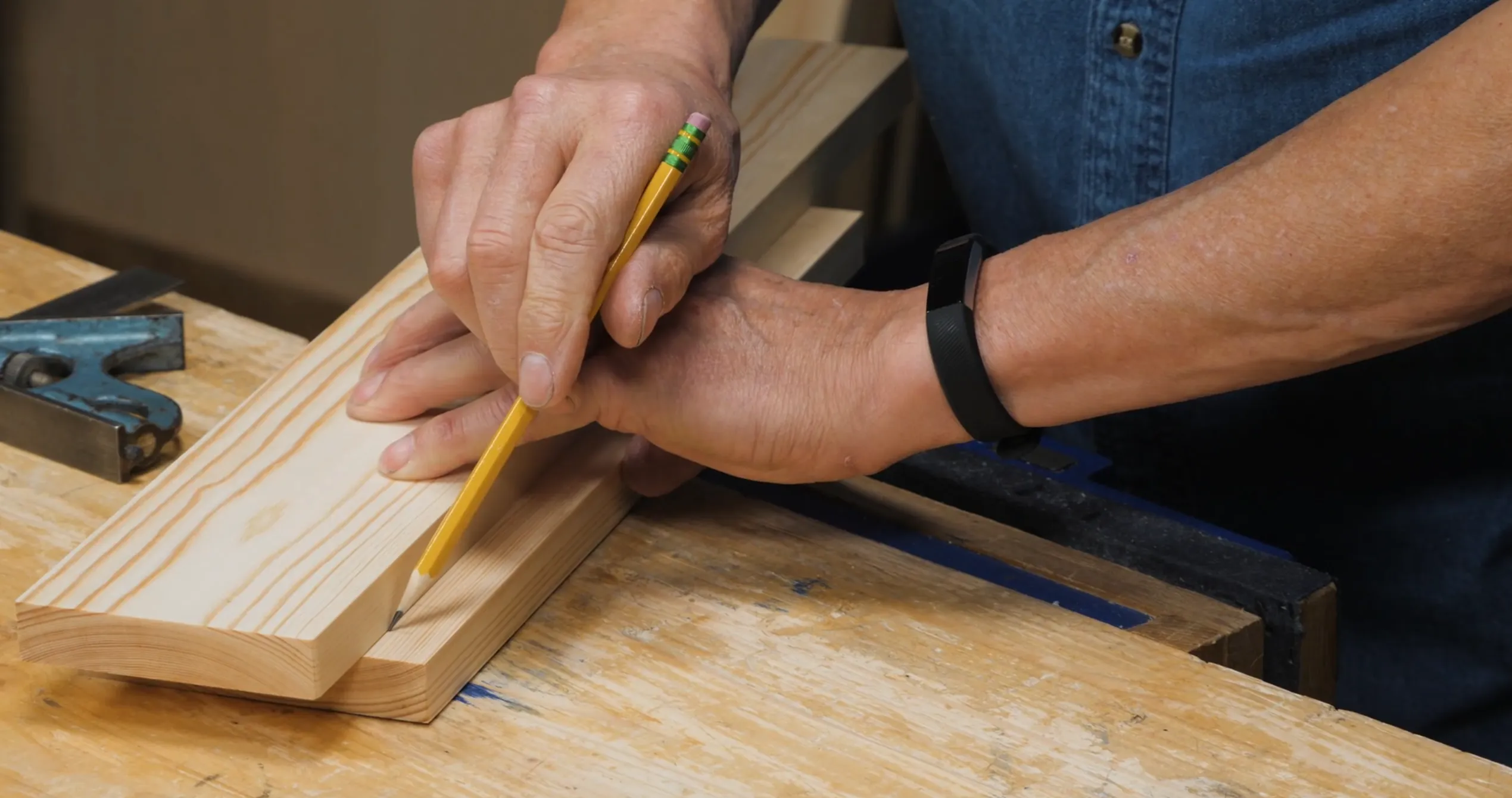 Use the thickness of the shelf piece to mark the length of the housing dado